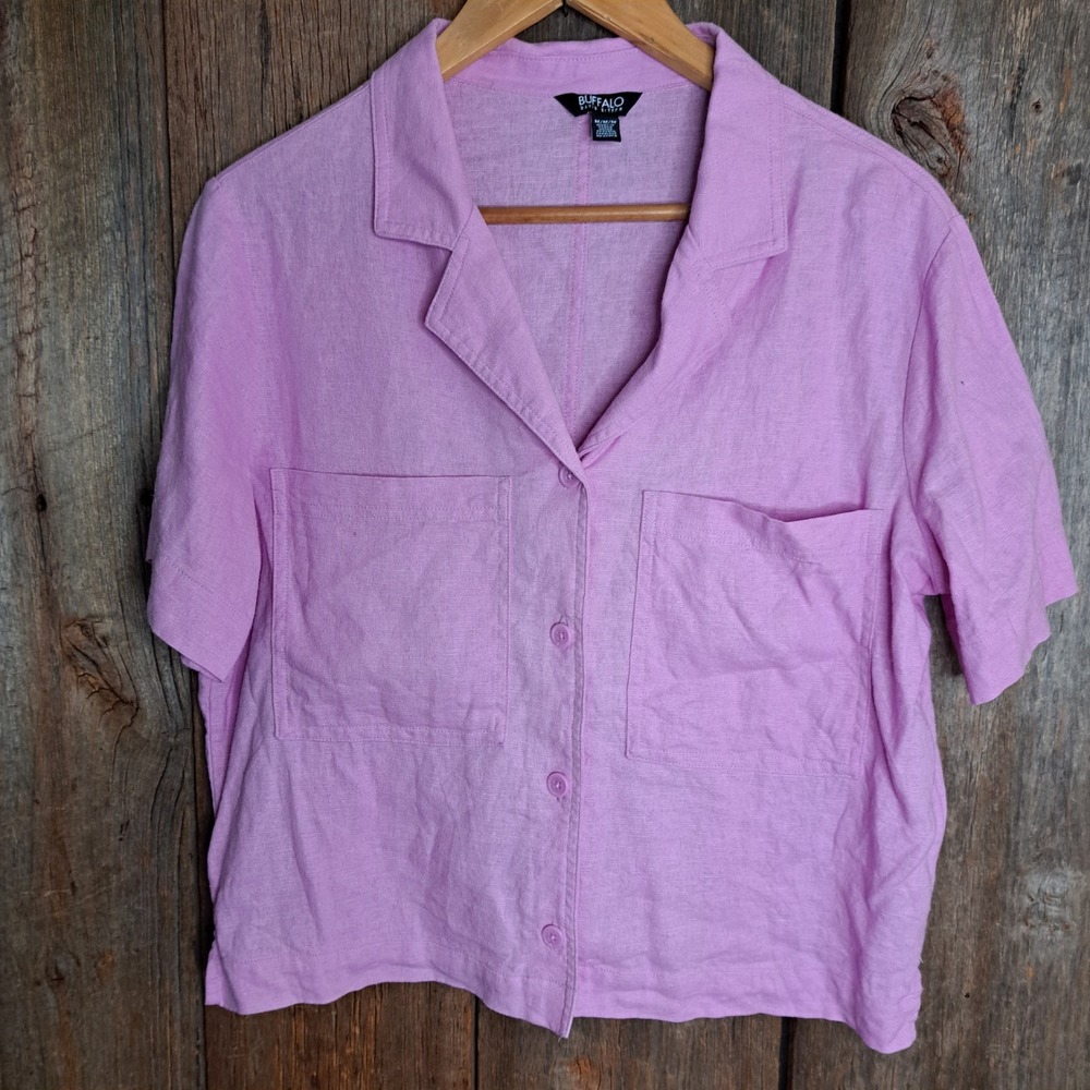 Soft Girl Cottagecore Linen Blend Camp Shirt M Button Pink Buffalo David Bitton